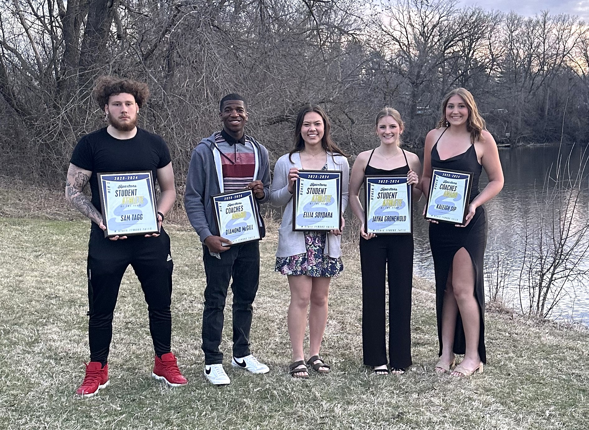 This year’s M State Spartan athletic award winners included, left to 첥: Sam Tagg, Male Student Athlete of the Year; Diamond McGill, Male Coaches Award winner; Ellia Soydara, Female Student Athlete of the Year; Jayna Gronewold, Female Student Athlete of the Year; and Kaleigh Sip, Female Coaches Award winner.